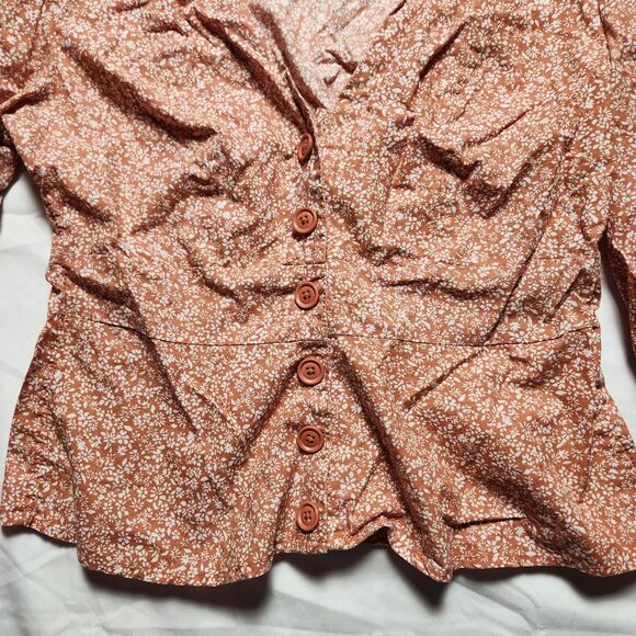 Free People Womens Medium Sienna Floral Blouse Tie Sleeves Orange Boho - Picture 3 of 12